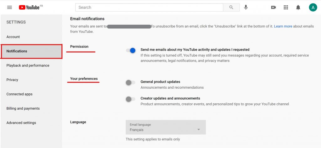 how to turn off email notifications on youtube